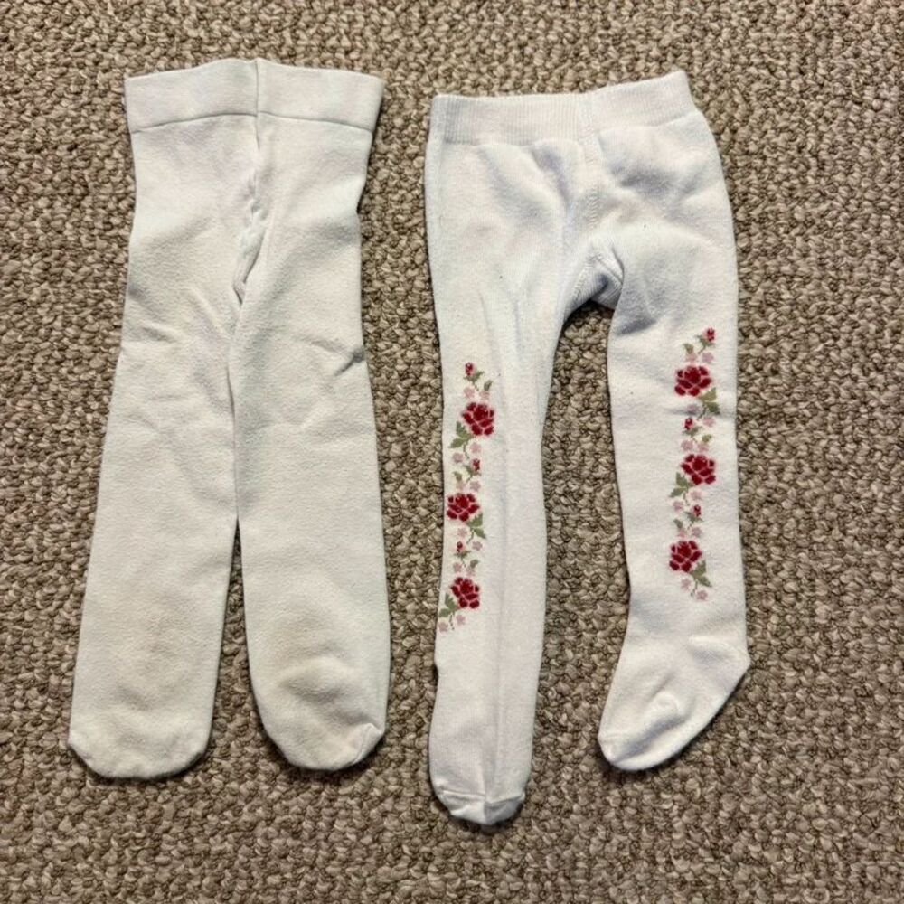 Bundle of 2 Pairs Baby Girl Tights White Rose Print Janie and Jack 6 - 12 Months